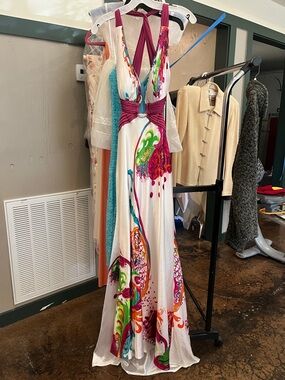 Cache White Maxi Dress with Fuchsia Halter and Multicolor Print